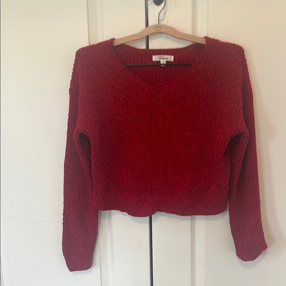 Takara Red V-Neck Sweater with Cropped Design